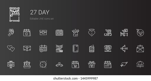day icons set. Collection of day with calendar, heart, love birds, moon, tulips, gift, hours, love letter, agenda, gifts, sun umbrella, cupid. Editable and scalable day icons.