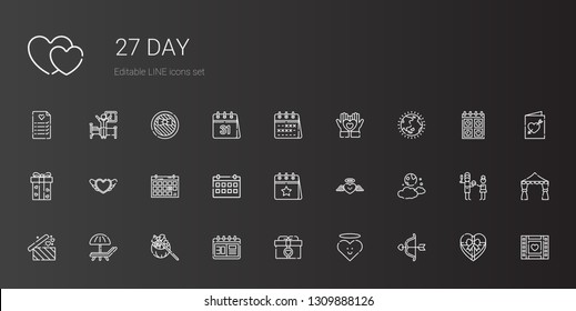 day icons set. Collection of day with cupid, heart, gift, calendar, sunbed, gifts, moon, ozone layer, wedding video, wedding arch, father, wedding invitation. Editable and scalable day icons.