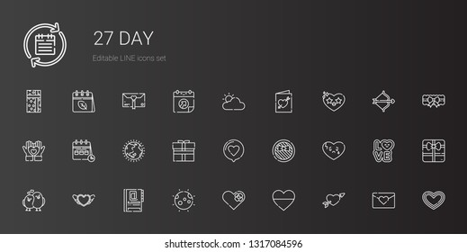 day icons set. Collection of day with cupid, heart, moon, agenda, love birds, broken heart, gift, love, ozone layer, calendar, wedding invitation. Editable and scalable day icons.