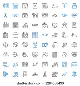 day icons set. Collection of day with gift, cupid, hours, love potion, love birds, wedding planning, gifts, harp, present, love, calendar, romantic music. Editable and scalable day icons.