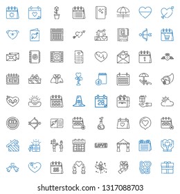 day icons set. Collection of day with gift, love, fireworks, heart, calendar, love birds, wedding arch, father, gifts, wedding day, love potion. Editable and scalable icons.