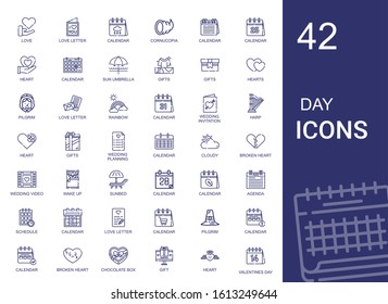 day icons set. Collection of day with love, love letter, calendar, cornucopia, heart, sun umbrella, gifts, hearts, pilgrim, rainbow, wedding invitation. Editable and scalable day icons.