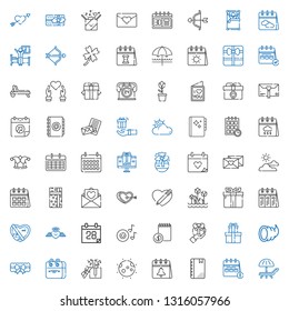 day icons set. Collection of day with sunbed, calendar, agenda, moon, gifts, garter, cornucopia, gift, romantic music, heart, tulips, love letter. Editable and scalable day icons.