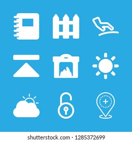 day icons set with notepad with spring, fireplace and stormy day weather symbol vector set