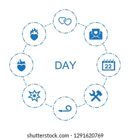 day icons. Trendy 8 day icons. Contain icons such as heart, party pipe, love letter, heart in fire, wrench hummer, fireworks, calendar. day icon for web and mobile.