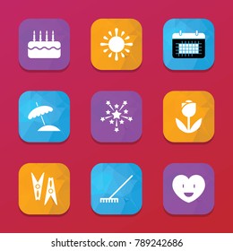 Day icons. vector collection filled day icons set.. includes symbols such as rake, clothes peg, fireworks, cake, heart, calendar, tulip. use for web, mobile and ui design.