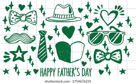 Father’s Day Hand‑Drawn Illustration with Hat, Tie, Mustache, and Festive Symbols.