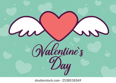 Valentine’s Day illustration of red heart with white wings on green background with love symbols and text. Festive concept for background, greeting card, website and mobile website banner