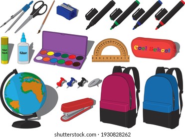 Day of knowledge, 1st of september  collection containing pencil case, metall and plastic drawing pins, stapler, protractor, globe, backpack for boys and girls, paints, pencil sharpener, paper glue