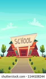 day of knowledge funny school cartoon background ,  warm autumn education card cover in red green bright colours with clear blue sky clouds . high school comic style vector illustration 