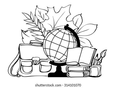 Day of Knowledge. Teacher's Day. School supplies and autumn leaves.