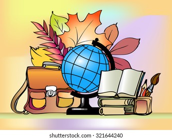 Day of Knowledge. Teacher's Day. School supplies and autumn leaves