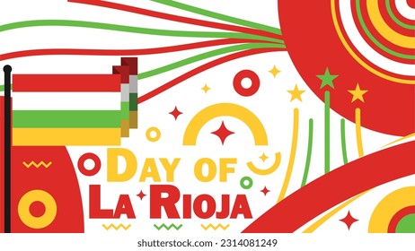 Day of La Rioja vector banner design with retro style geometric shapes, vibrant colors,  flag and typography. Day of La Rioja modern poster background illustration.