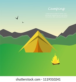 Day landscape illustration with mountains, trees, tent and campfire in flat style. Square banner for summer camp, nature tourism, camping, hiking, trekking, etc.