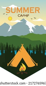 Day landscape illustrations with mountains, trees, tent and campfire. Banner for summer camp, nature tourism, camping, hiking, trekking, etc.