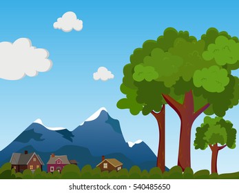 Day landscape. Summer landscape. The small village on a background of mountains. Blue sky with clouds. Trees in green.