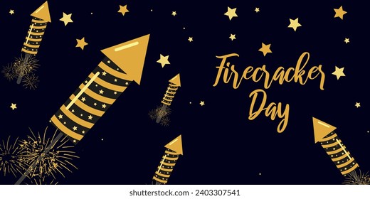 The day of launching firecrackers and fireworks. Golden firecrackers in a dark blue sky. Festive banner flyer, web page template. Vector illustration.