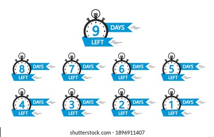 Day left countdown banners. Go time of sale. Countdown of days left offer from 10 to 1. Badges and stickers for special limited offer. Set of promotion design template. Labels for discount. Vector.