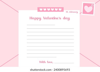Valentine’s day letter template. Cute blank template with love elements and stamp. Paper with headline and envelop behind. Vector illustration. 