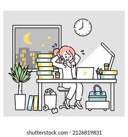 A day in the life of a woman working on a computer in an office (night, dark)