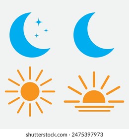 Day and light thin light vector. Set of time of the day icons. Sunset, sun, moon icons. Vector illustration. Eps10.