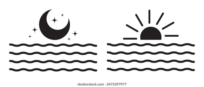 Day and light thin light vector. Set of time of the day icons. Sunset, sun, moon icons. Vector illustration. Eps10.