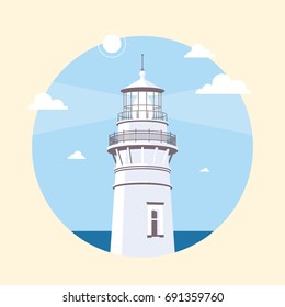 Day Lighthouse on coast of sea or ocean. Rounded beautiful stylish vector illustration.