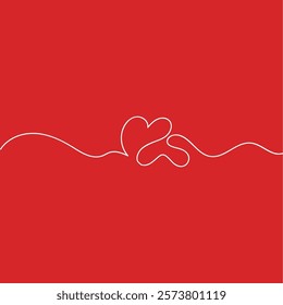 Valentine’s Day line art design for social media post and website.Two hearts line art isolated on red background.