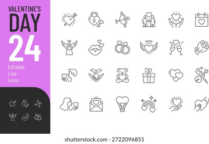 Valentine’s Day Line Editable Icons set. Vector illustration in modern thin style of love symbols related icons: couple, heart, angel, and more. Isolated on transparent background.