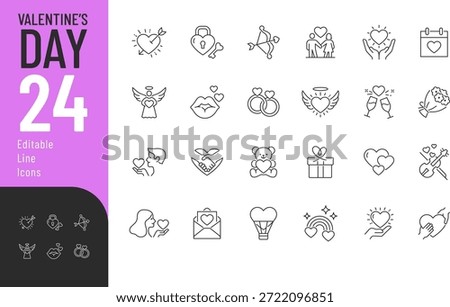 Valentine’s Day Line Editable Icons set. Vector illustration in modern thin style of love symbols related icons: couple, heart, angel, and more. Isolated on transparent background.