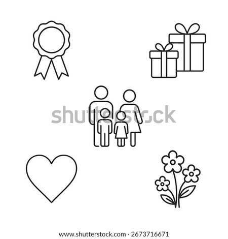 Mother’s Day Line Icons Pack: Mom Gift Flowers Heart Family Badge Vector