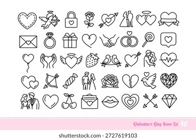 Valentinstag Linie Icons Set von 40 Symbolen - Liebe und Romantik Umrisssymbole Kollektion mit Herzen, Amor, Ringe, Geschenke, Paare, Blumen und romantische Elemente im minimalen linearen Stil für UI, Apps, Websites, Aufkleber, Grußkarten und Urlaubsdesign.