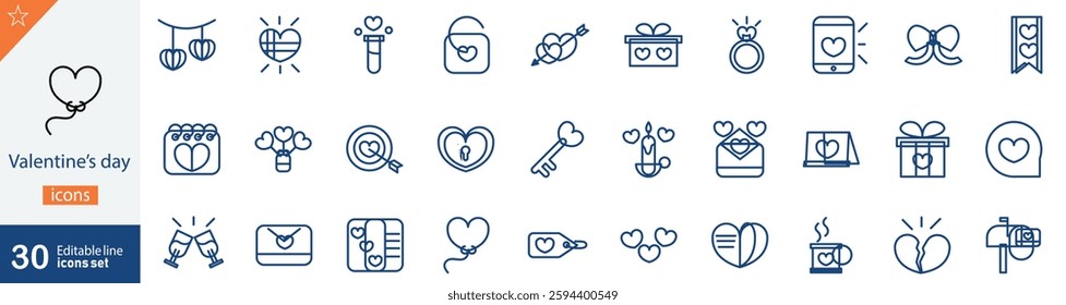 Valentine’s Day Line Icons Set. Collection of 30 outline icons representing love, romance, relationships, hearts, couples, and celebration. Editable stroke vector illustration.