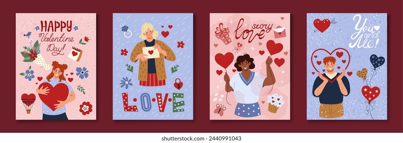 Day love, 14 February. Greeting card or posters design. Romance heart, romantic gift woman. Cute watercolor pattern, flower spring, happy cartoon men and women sent letter. Vector tidy background