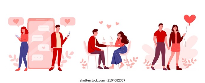 Valentine’s day. Love couple celebrating Valentine's Day on February 14 by sending messages of love and spending time together.  People holding hands. Set of vector illustrations isolated on white 