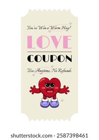 Valentine’s Day love coupon with groovy mascot Heart chatacter. Romantic hug voucher for couples.