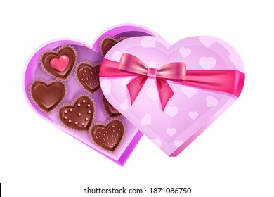 Valentine’s Day love holiday opened heart-shaped pink box with chocolate candies, ribbon, bow. Romantic dessert surprise illustration. Holiday present chocolate candies isolated on white background