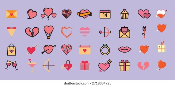 Conjunto de iconos de amor del día de San Valentín, lindo corazón romántico y Ilustraciones de regalo, coloridos iconos planos de San Valentín para tarjetas de felicitación, Boda, citas, pegatinas, redes sociales y Diseño gráfico.