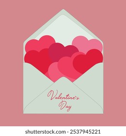 Valentine’s Day love letter in an open envelope with a heart. Minimal Valentine`s Day card. Romantic love letter