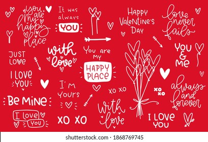 Valentine’s day love quotes, heart balloon bunch vector clipart. Large set of February 14th hand drawn graphic and variety of romantic messages.