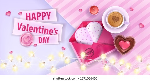 Valentine’s Day love romantic greeting card with pink opened envelope, coffee cup, cupcake. Vector holiday sale, offer or gift banner with garland lights, hearts. Date breakfast Valentine’s Day card