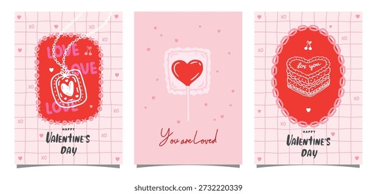 Valentine’s Day love set of vertical greeting cards, romantic, whimsy, doodles, vector illustration 