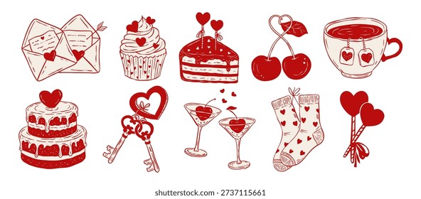 Valentine’s Day Love Whimsical Romantic Vector Doodle Sketch Ink Set – Hand-Drawn Hearts, Cupcakes, Tea, Letters, Cake, Keys, Cherries, Socks, Drinks Collection