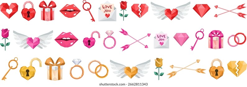 valentine’s day low poly vector icons set with hearts rings flowers gifts keys and arrows geometric polygonal love symbols 