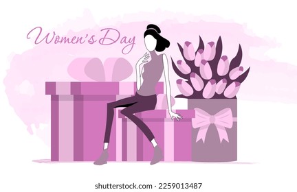 Women’s Day. March 8. Woman sitting on gifts, bouquet of flowers next to her