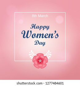 Woman’s Day March 8th text design with pink flower and white square border. Vector illustration. Woman’s Day greeting design in pink color background. Template for a poster, cards, banner,greetings.