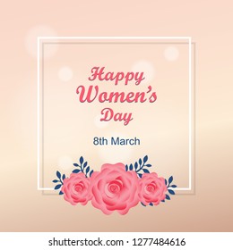 Woman’s Day March 8th text design with pink rose flowers and white square border. Vector illustration.  Greeting design in pink color background. Template for a poster, cards, banner,greetings.