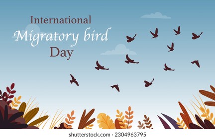 Day of migratory birds. International holiday and festival. Bottom view of flock of birds in sky and clouds. Beautiful natural panorama and landscape. Cartoon flat vector illustration