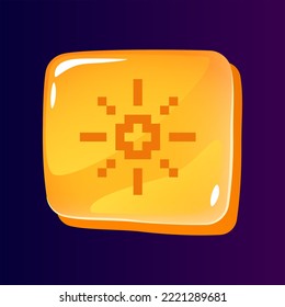 Day mode glossy ui button with pixelated icon. Light theme. Editable 8bit graphic element on shiny square shape. Isolated vector user interface image for web, mobile. Retro style game design