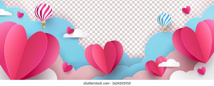 Valentine’s Day modern border frame design for Website, greeting or Sale banner, flyer, poster in paper cut style with cute flying Origami Hearts over clouds with air balloons isolated on background.